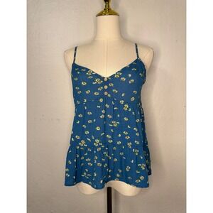French Quarter Women's Small Babydoll Tank Top Blue‎ Floral Sunflowers